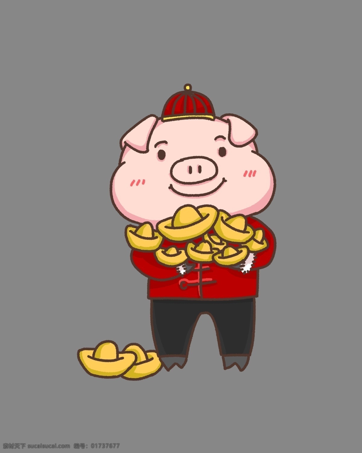 春节 卡通 猪 抱 金元宝 手绘 红色 元旦 新年 2019 猪年 农历新年 喜庆 可爱猪 卡通q版 png免抠