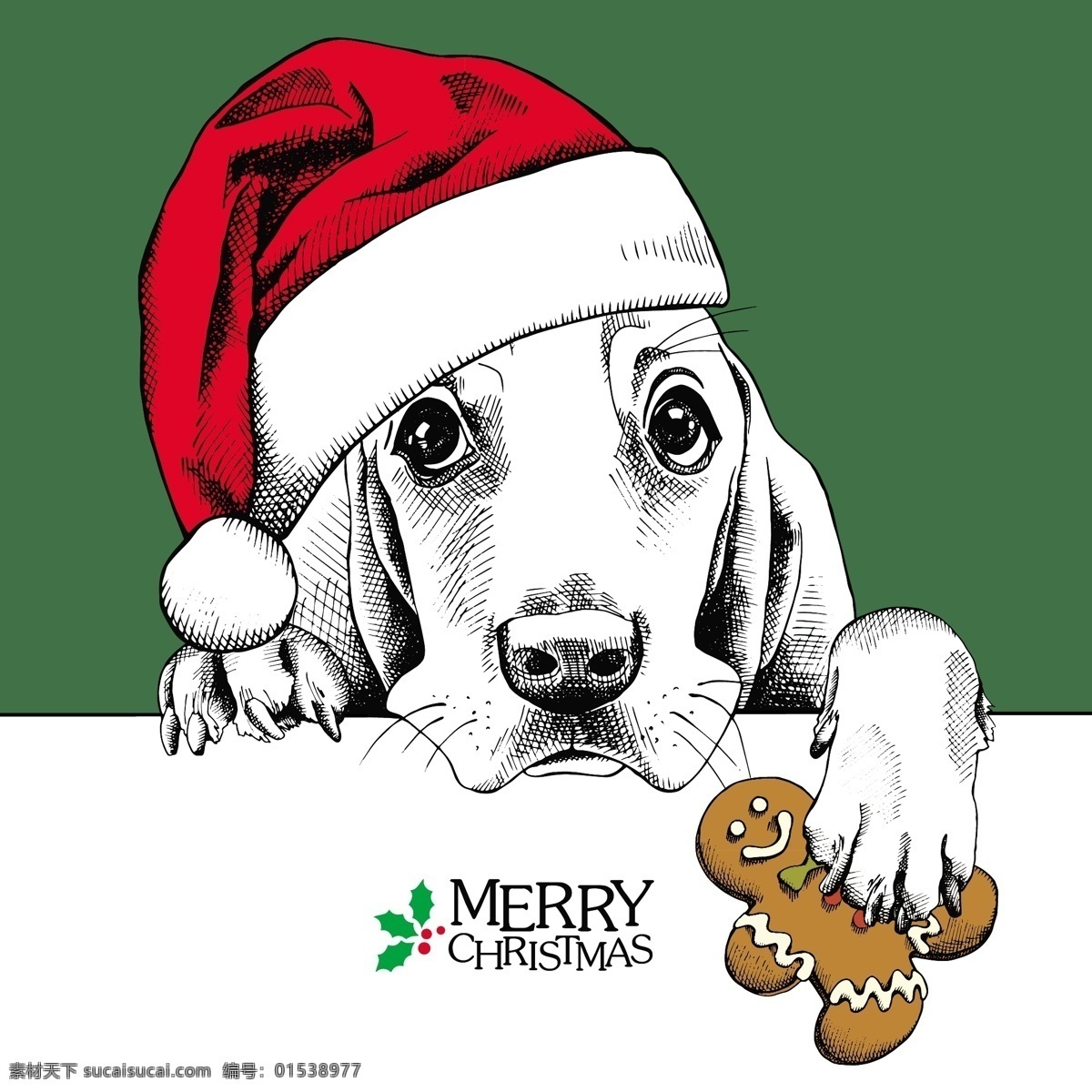 狗 狗头 可爱 动物 圣诞节 海报 矢量 绿色背景 卡通 圣诞节卡片 插画 铅笔画 黑白 红色 眼镜 圆圈