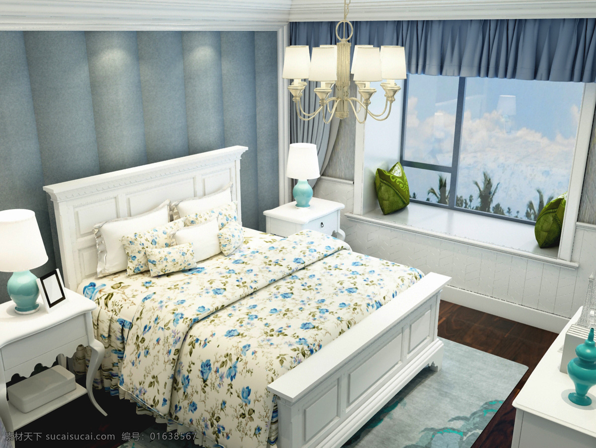 田园 卧室 空间 效果图 地板 灯具 背景墙 窗帘 地毯 双人床 木饰面