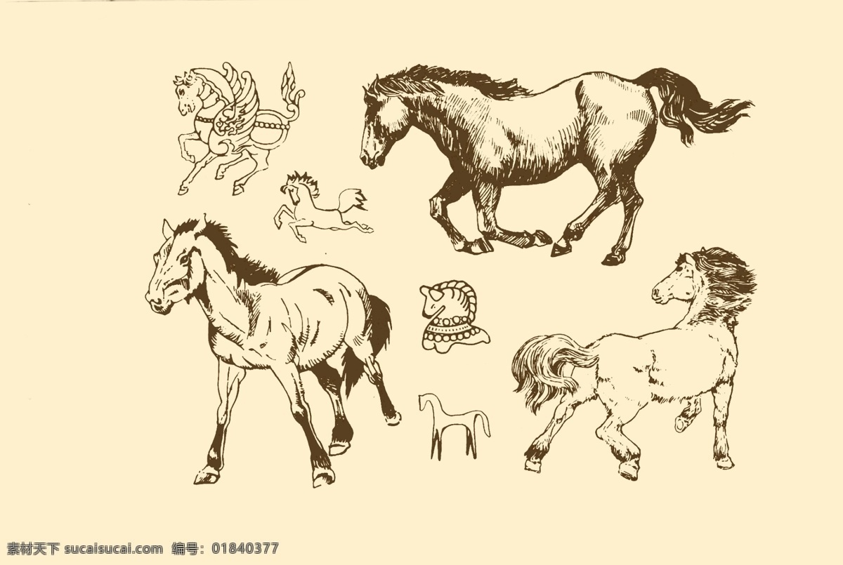 动物图案 马 卡通 动物 纹样 图案 白描 简笔画 儿童画 分层 源文件
