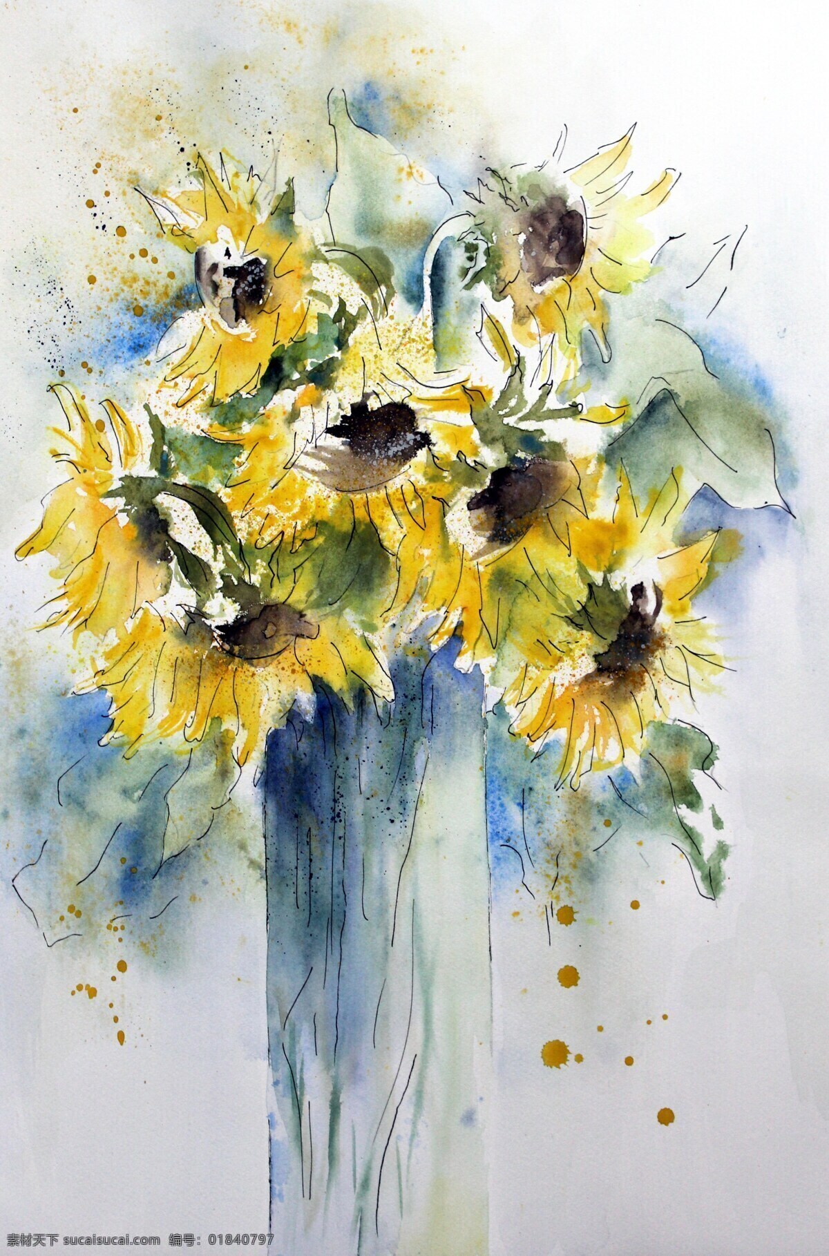 向日葵 花朵 主题 水彩画 美术 作品 画作 手绘 花卉 葵花 文化艺术 绘画书法