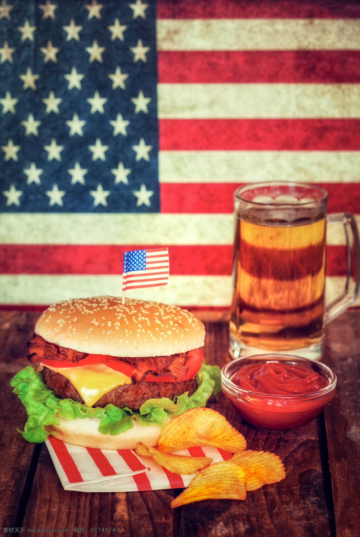美国 汉堡 啤酒 食物 餐饮美食 快餐美食 美国食物 番茄酱 薯片 美国国旗 外国美食 红色