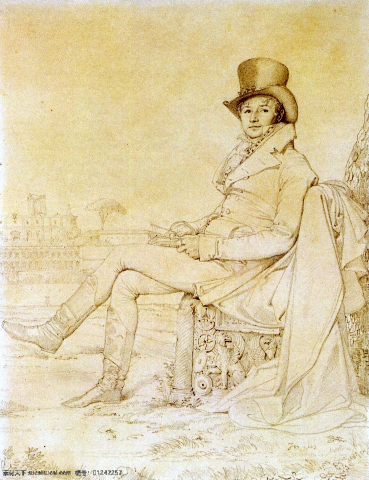 安格尔素描画 欧洲 人物画 设计素材 人物肖像 素描速写 书画美术 黄色