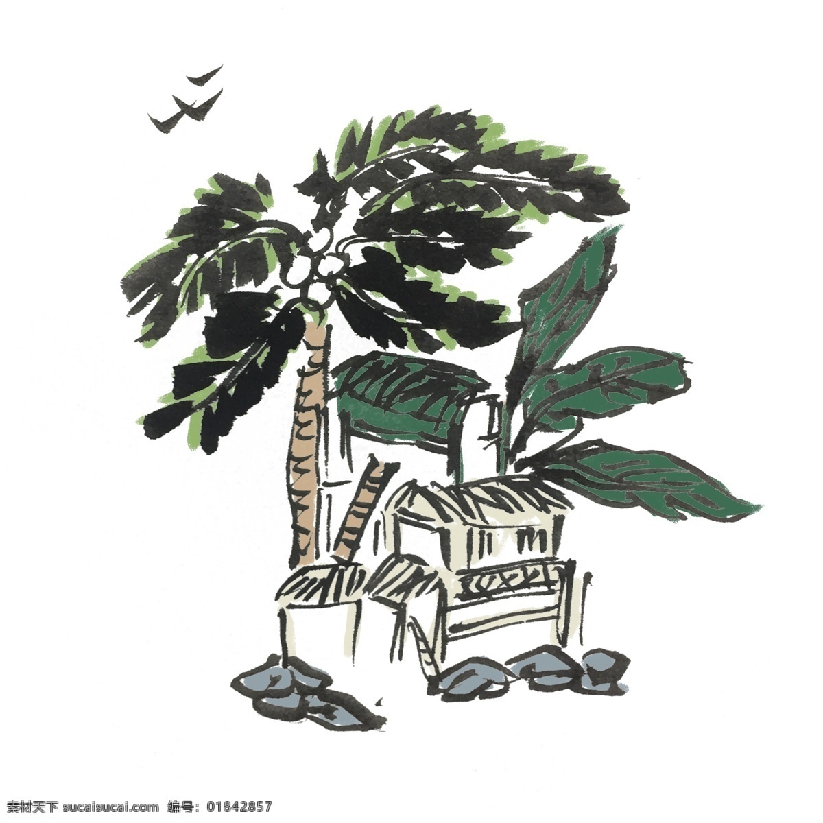 夏天 水墨 椰子树 手绘 插画 夏季 椰子 清凉 水果 中国风 古风 水墨风 墨迹 彩色 生动 花草 国风 国画