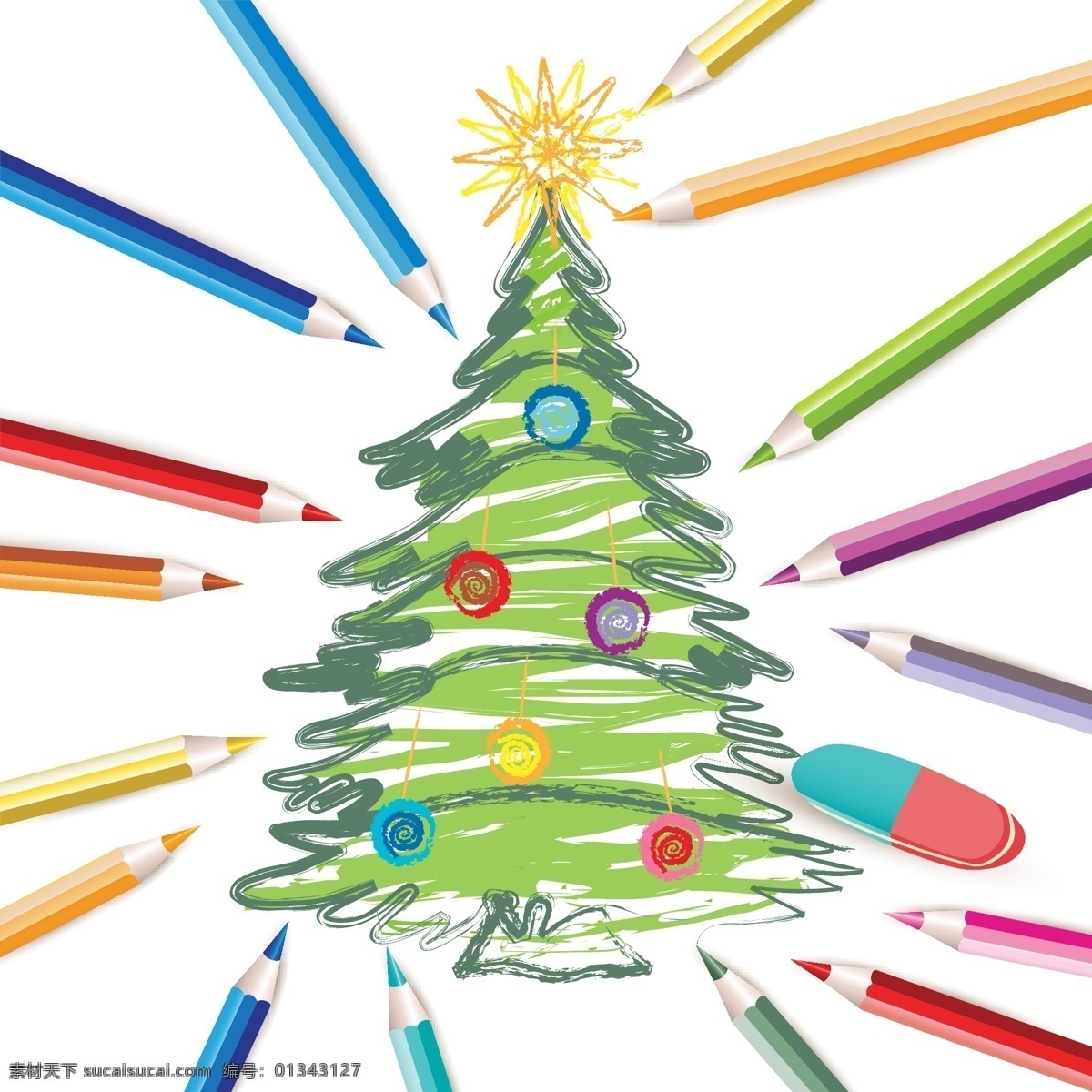 矢量 铅笔 彩色 圣诞树 插画 单色 花纹 圣诞节 矢量素材 图案 线条 节日素材