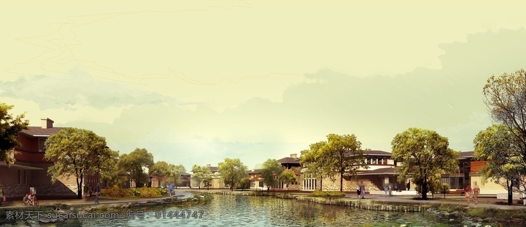 湖边 别墅 景观设计 湖泊 荷花 人物 马路 草地 树木 房屋 建筑物 黄灰色天空 环境设计