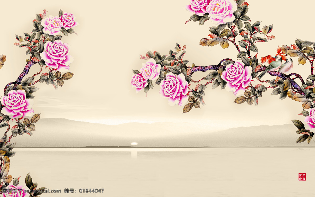 紫薇花 中式 工笔画 花朵 古典 简约 底纹边框 背景底纹