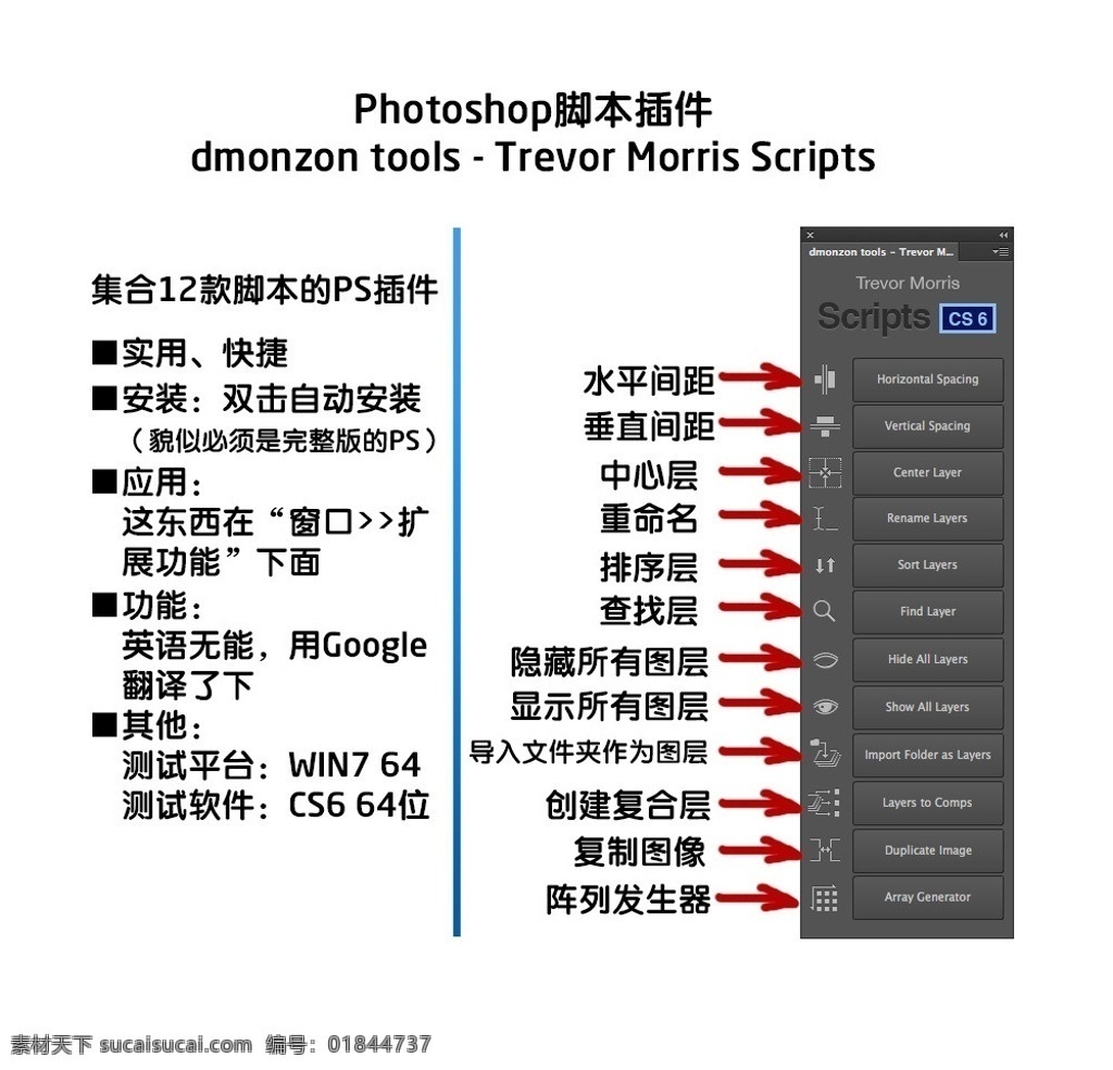 photoshop cs6脚本 cs6 脚本 插件 辅助工具 辅助面板 水平居中 垂直居中 中心点 重命名 查找层 关闭图层 显示图层 阵列发生器 cs6插件 ps滤镜 ps插件 源文件 zxp
