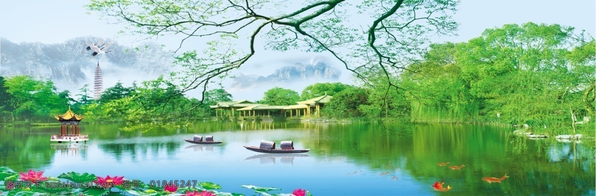 壁画免费下载 壁画 船 凉亭 山 树 塔 鱼 水 psd源文件
