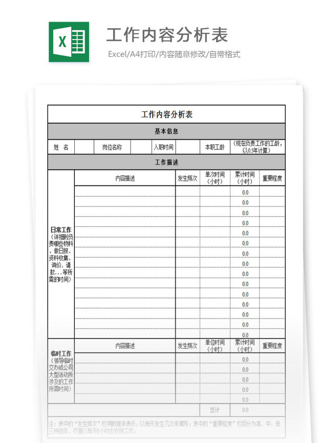 工作内容 分析 表 excel 表格 表格模板 表格设计 图表 分析表