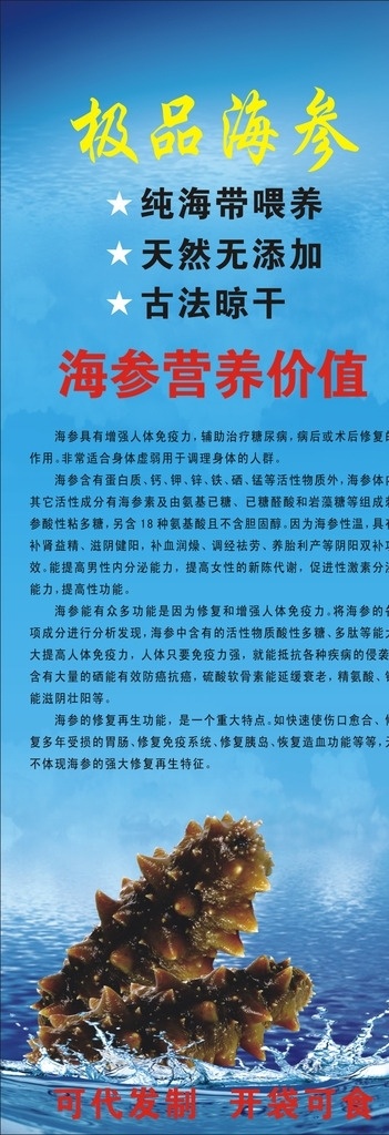 极品海参 海参功效 x展架 海参图片 蓝色底 2015年