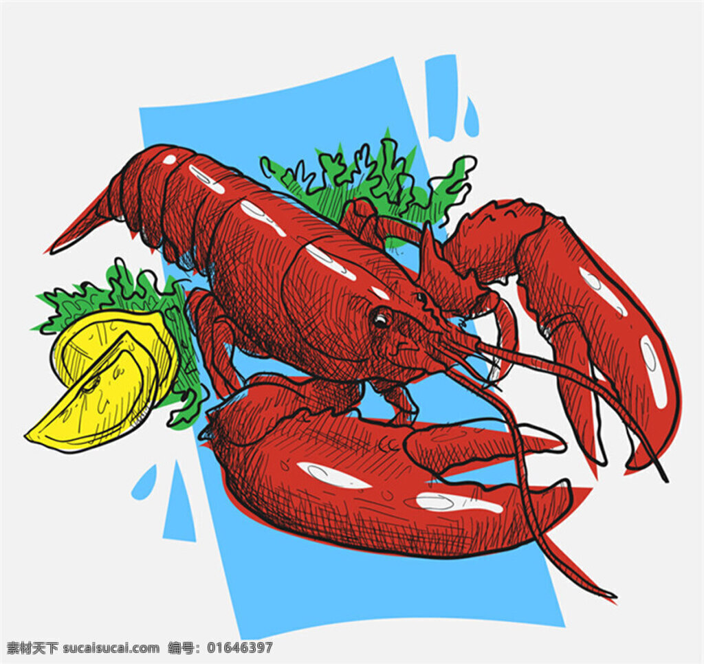 美味 龙虾 柠檬 沙拉 餐饮美食图片 生菜 餐饮 插画 矢量素材 白色