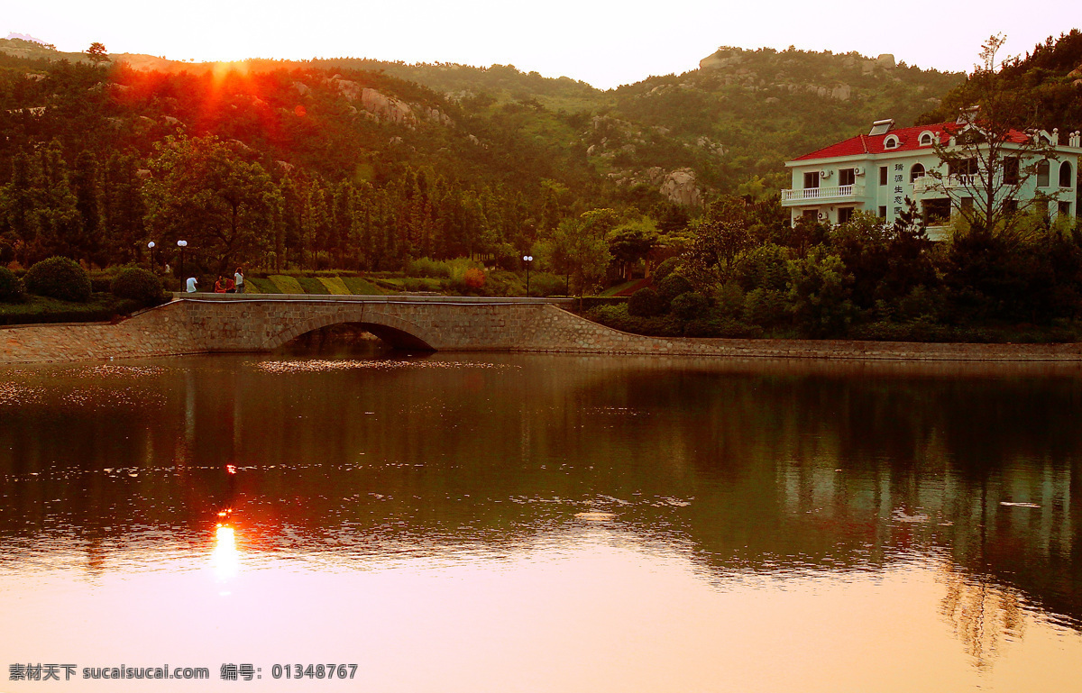 夕阳 下 生态园 水库 小桥 休闲 生态园森林