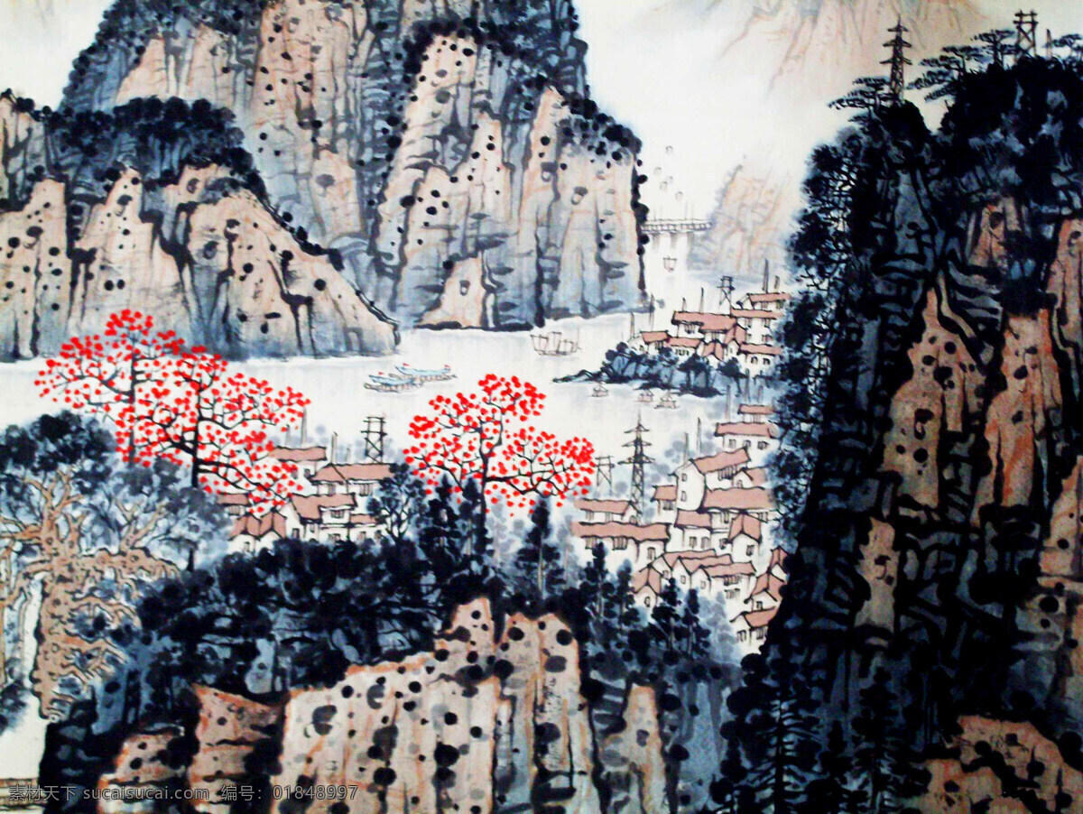 彩墨画 城镇 船只 大桥 房屋 国画艺术 绘画书法 楼房 峡江新貌 美术 中国画 水墨画 山岭 山峰 瀑布 江流 树木 云雾 书法 印章 国画集37 文化艺术 装饰素材 雕刻 图案