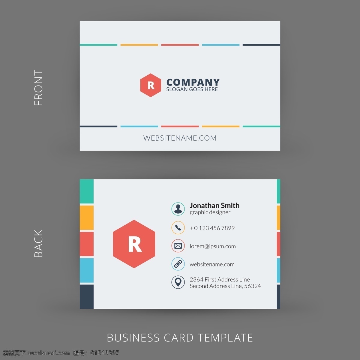 商务名片版式 矢量图 创意设计 名片 商务 企业 抽象 正面 反面 背面 几何 线条 曲线 蓝色 红色 黄色 卡片 名片卡片 白色