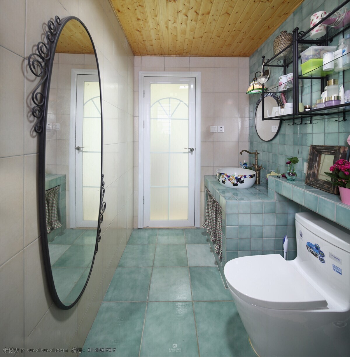 现代 时尚 浴室 蓝绿色 格子 地板 室内装修 效果图 浴室装修 蓝绿色地板 白色背景墙 瓷砖桌面