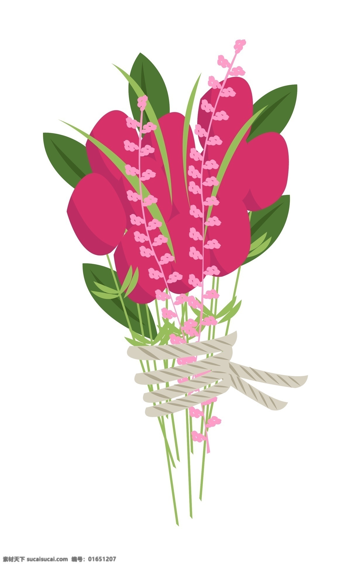 玫 红色 花束 手绘 插画 美丽的花朵 卡通花朵 绿色枝叶 植物 花卉 米色绑绳 手绘花束 粉色花枝