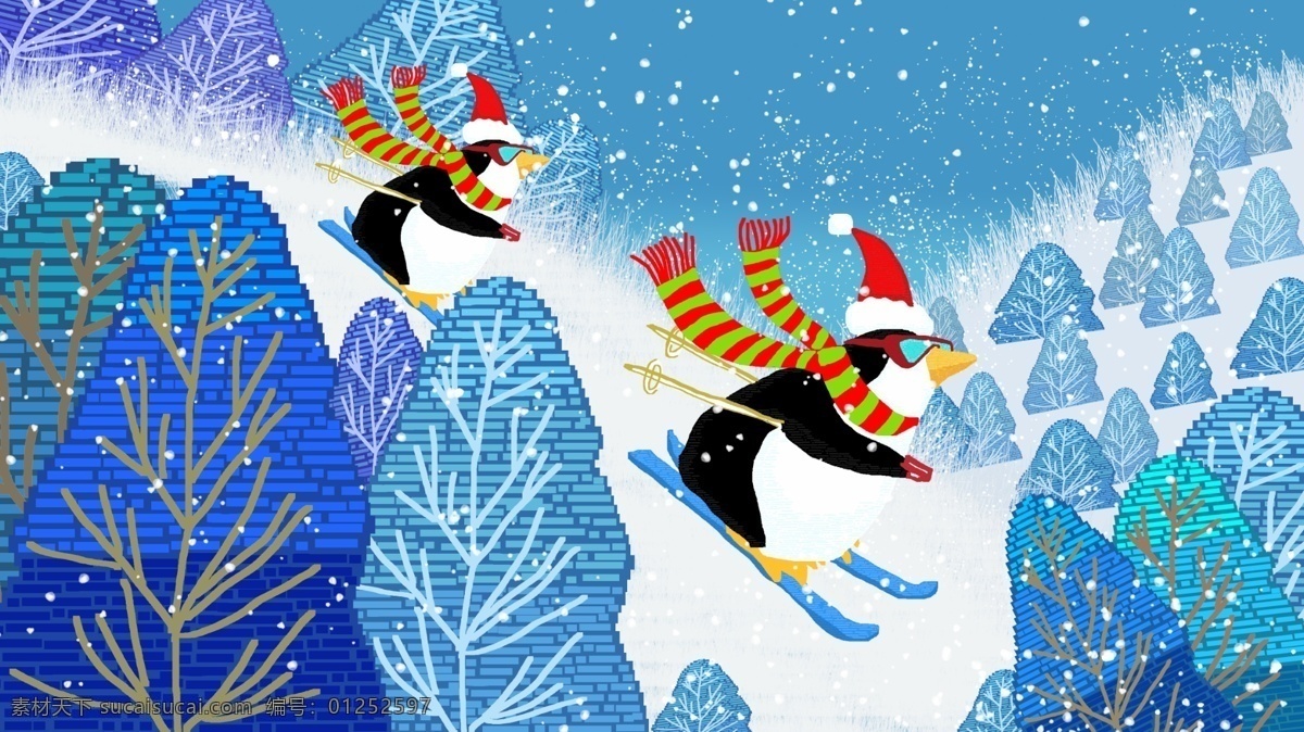 冬天 你好 企鹅 滑雪 插画 雪 树 微博配图 冬天你好插画 冬天你好 企鹅滑雪 手机用图 公众号配图