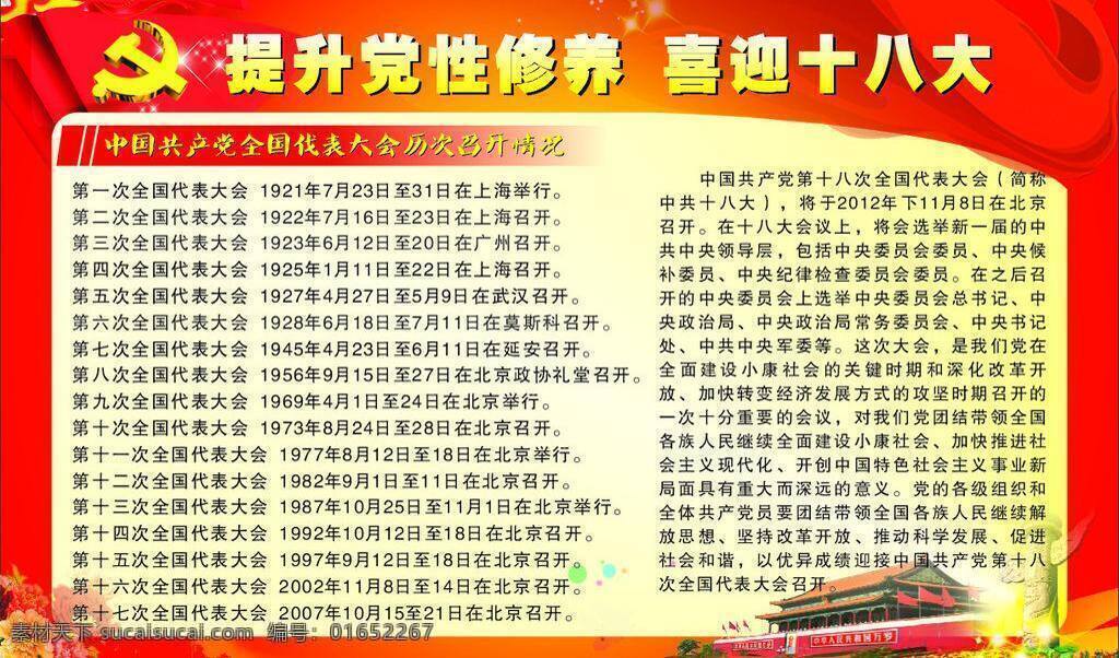 党徽 党旗 红色飘带 红色喜庆背景 华表 牡丹 十八大展板 天安门 提升党性修养 喜迎十八大 星星 全国代表大会 召开 情况 十八大简介 展板模板 矢量 其他展板设计