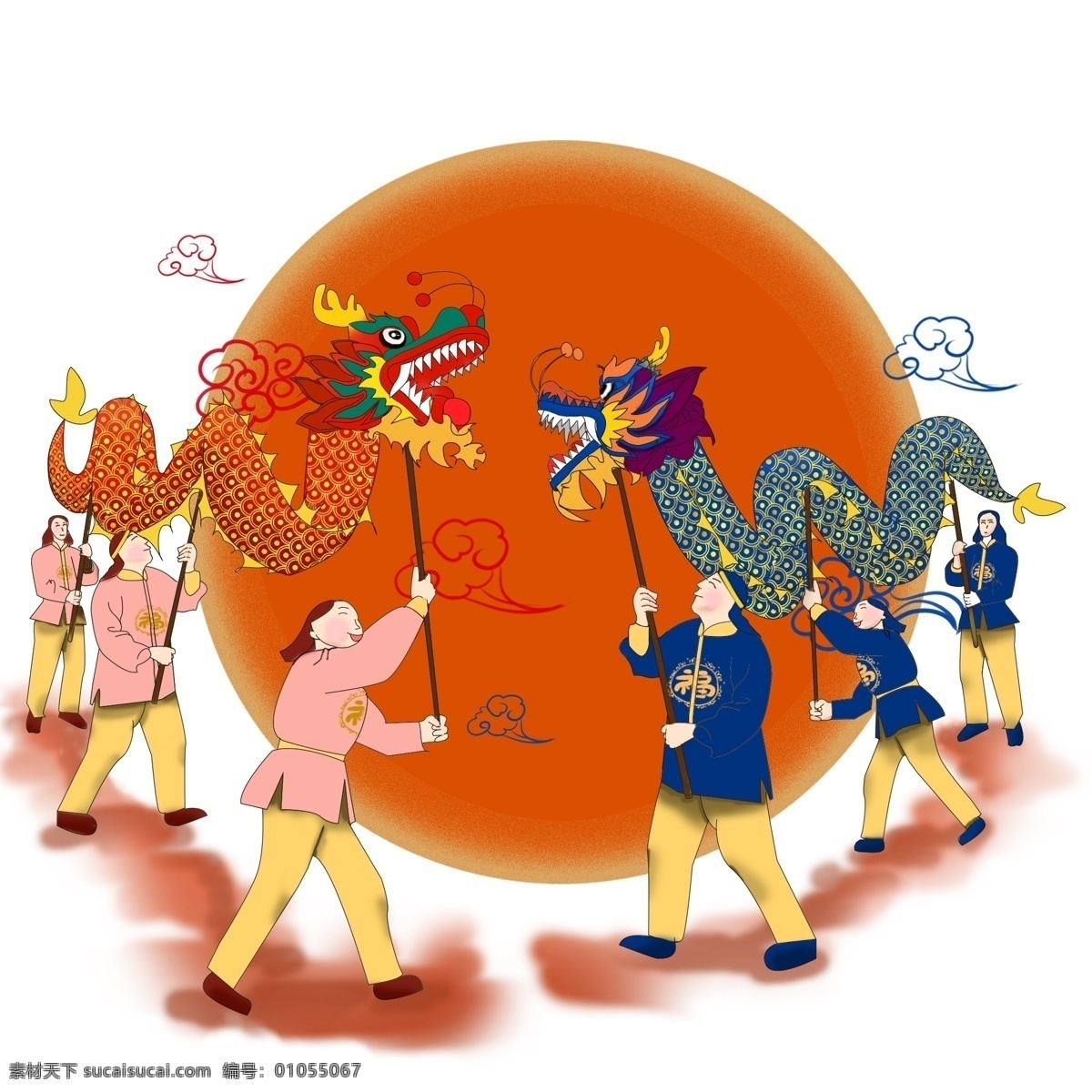 新年 双龙 戏 珠 中国 风 舞龙舞狮 人物 欢庆 元素 中国风 舞狮 戏珠 舞龙