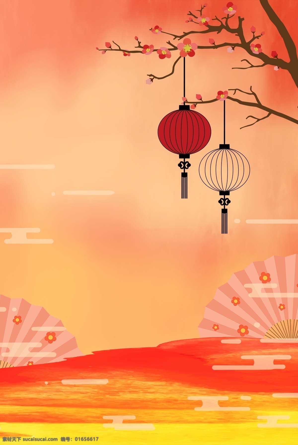 中国 风 纸扇 红色 分层 banner 中国风纸扇 中国风 活动 促销 灯笼 树 创意合成