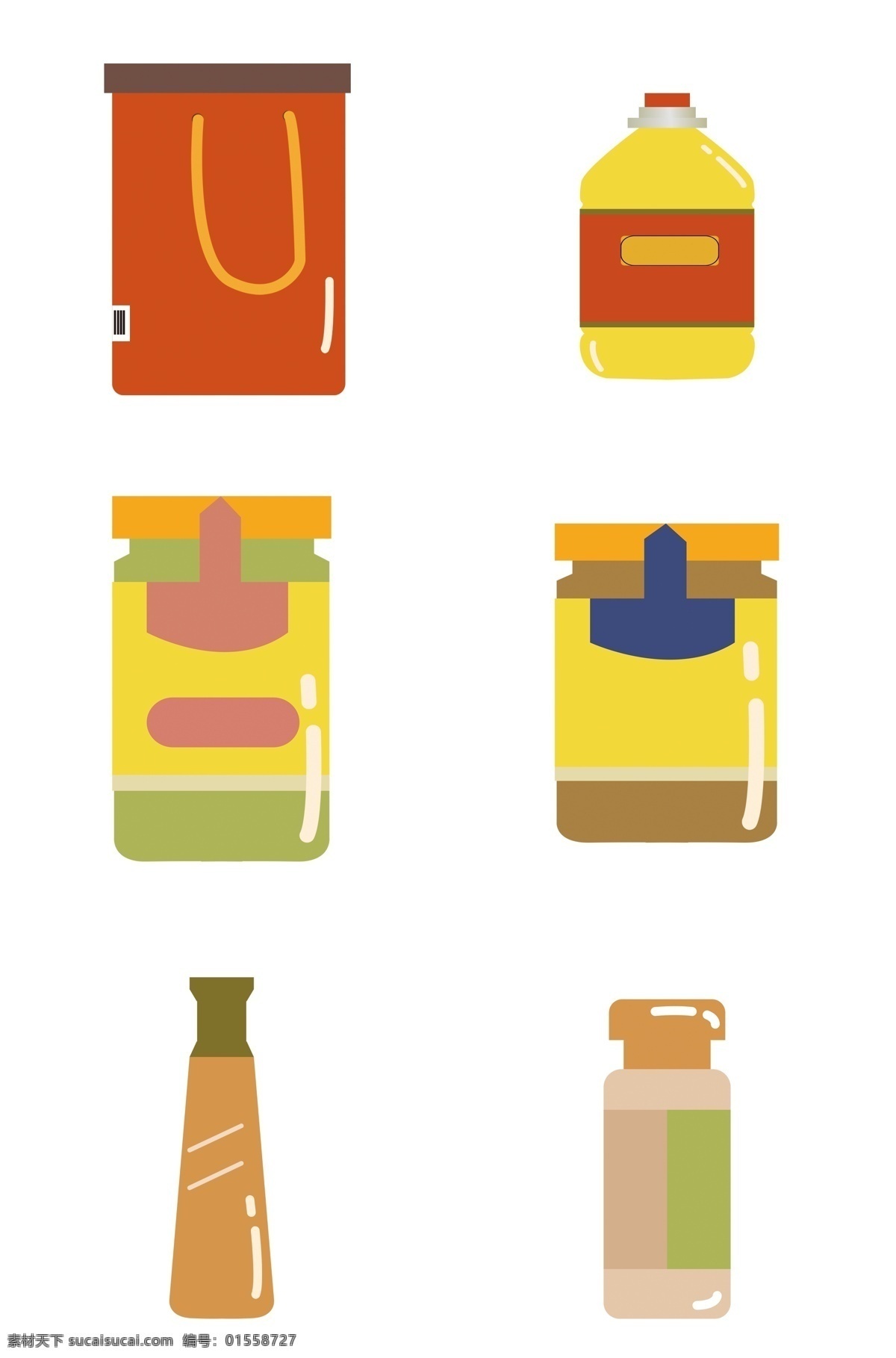 卡通 生活用品 调料 图标 扁平 茶叶罐 食用油 果酱 酱油 胡椒粉 食品包装
