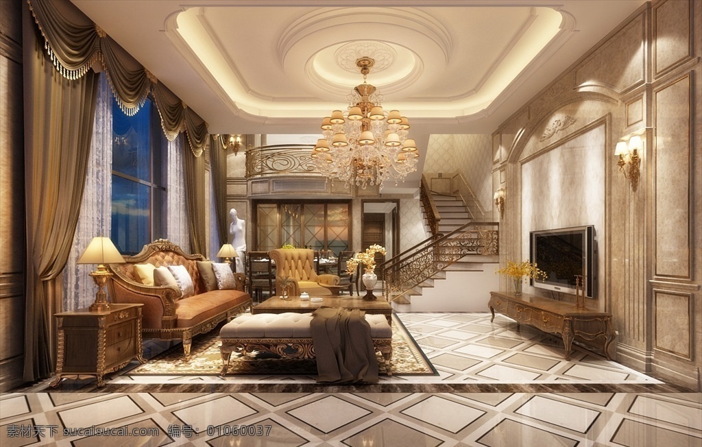 欧式别墅客厅 欧式 别墅 客厅 豪华 美式 环境设计 室内设计 max