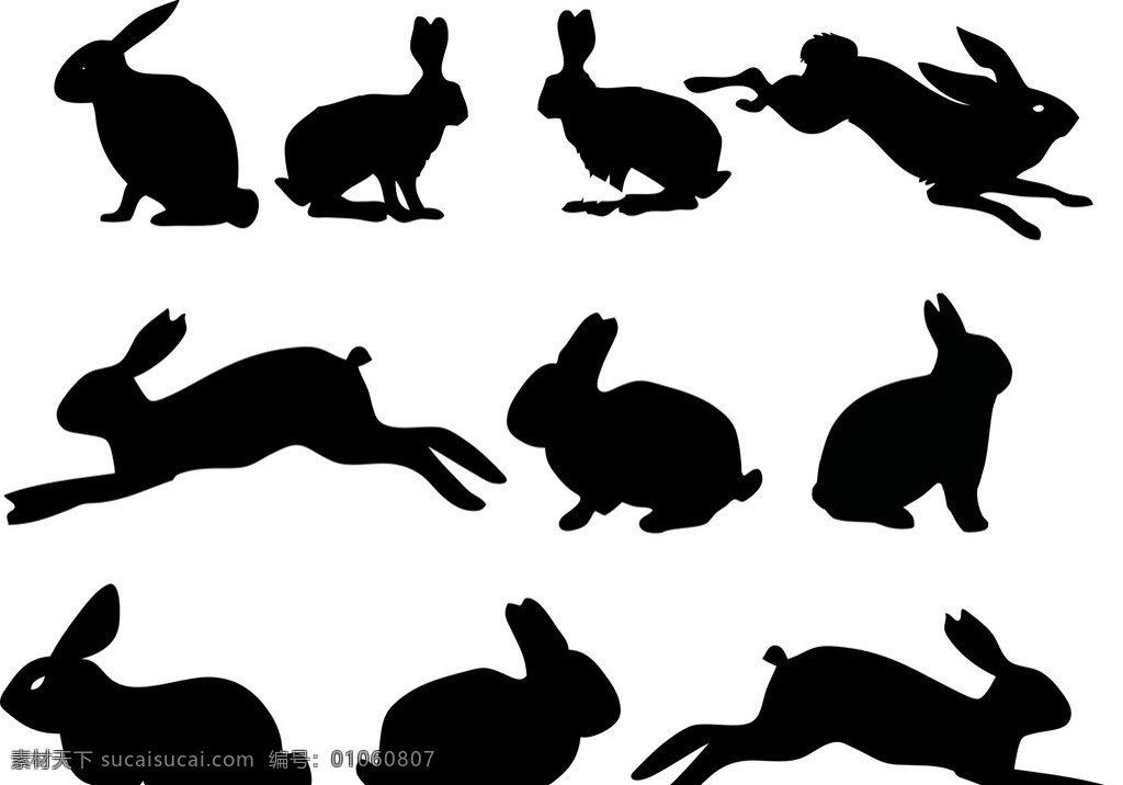 矢量素材 黑白剪影 剪影 黑白 线条 动物插画 插画 儿童绘本 儿童画画 矢量扁平动物 q版动物 贴纸 兔子剪影 兔子素材 兔子 奔跑的兔子