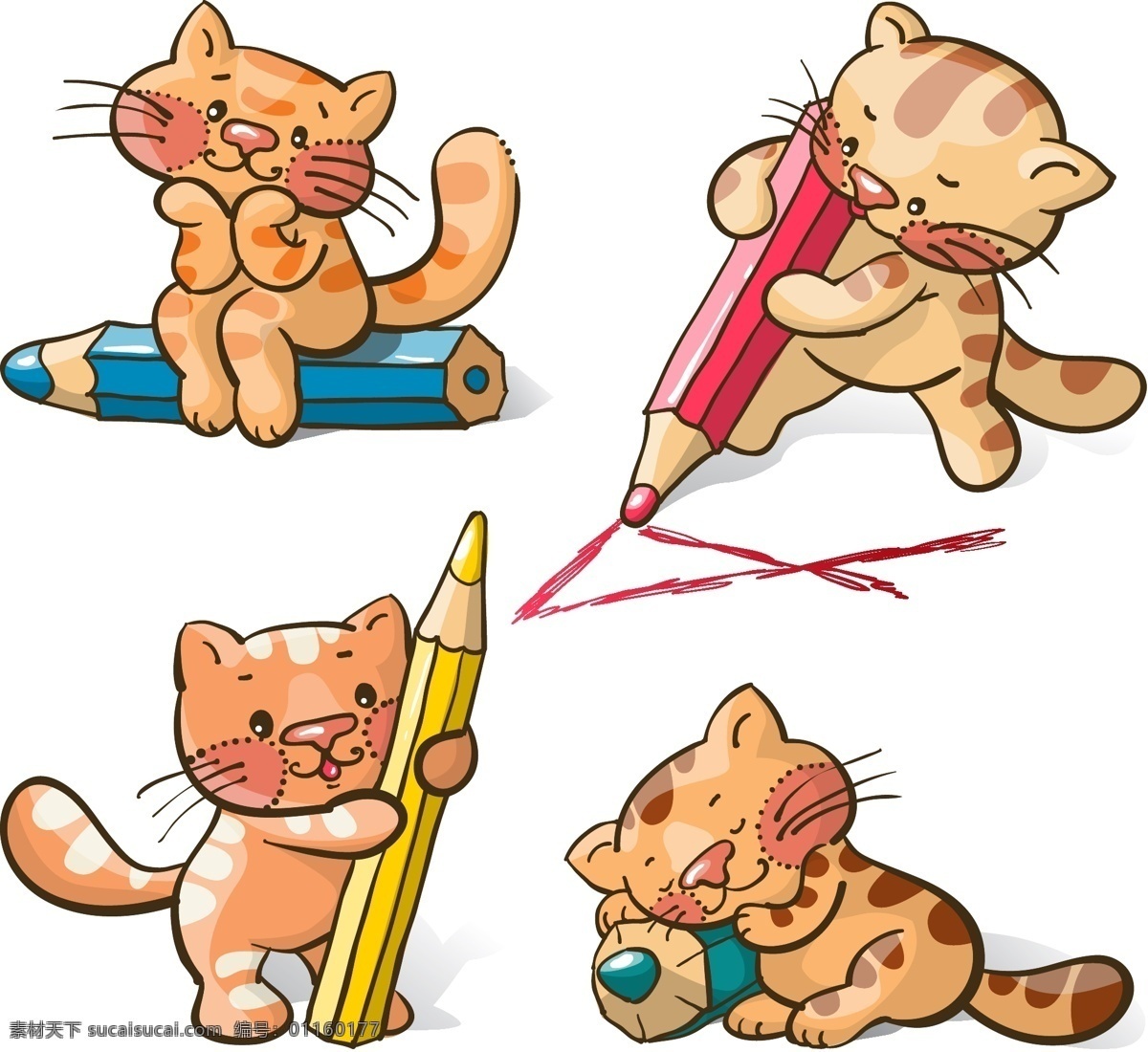 4款卡通猫咪 铅笔矢量素材 猫 宠物 彩色铅笔