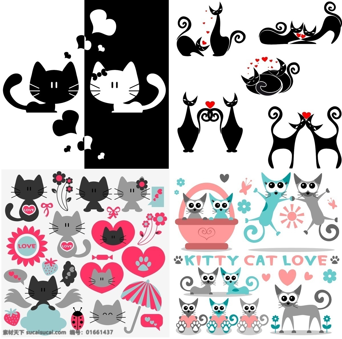可爱 黑白 猫 爱心 卡通图标 黑白猫 爱情猫