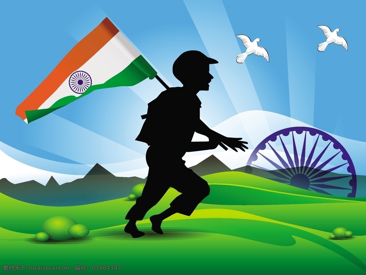 士兵 剪影 印度 国旗 自然 背景 矢量图 日常生活