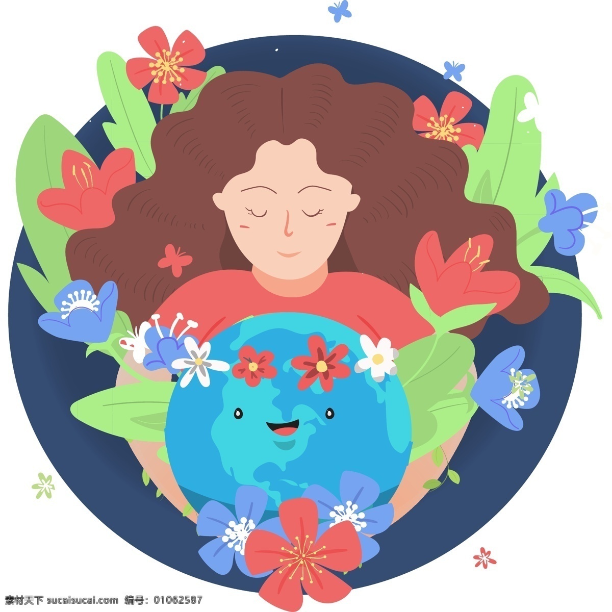 一个 手 抱 地球 女孩 生态 绿色 抱叶 休息 开朗 微笑的地球 大地 鲜花 大自然 环保 红色 蓝色