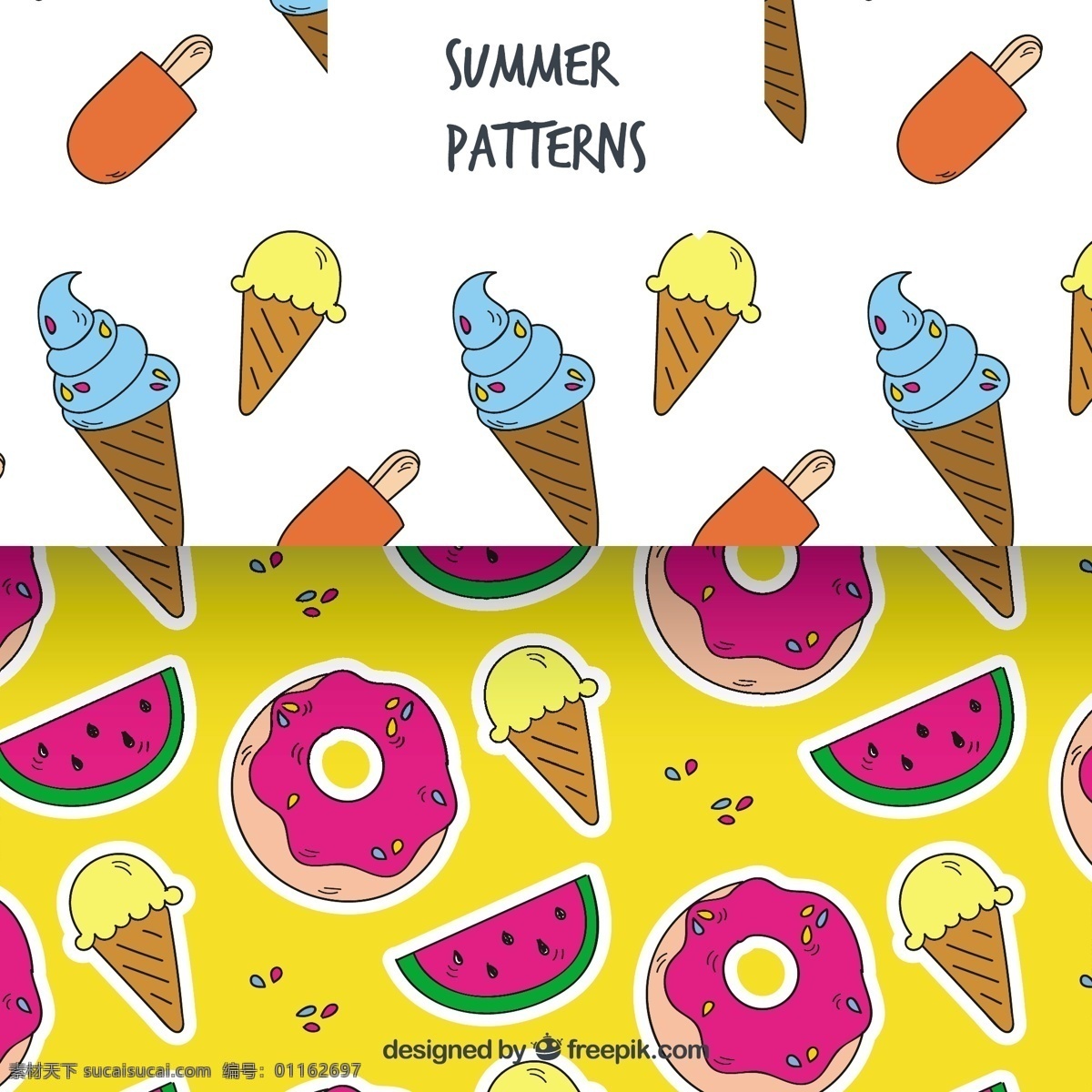 手绘 图案 彩色 夏天 元素 背景 食物 水果 冰淇淋 颜色 冰 装饰 丰富多彩 无缝的图案 甜 甜点 图案背景 马赛克 西瓜