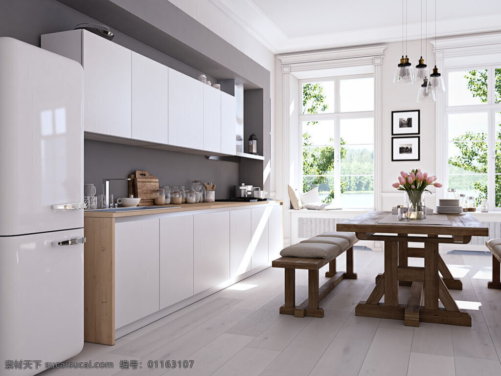 白色 厨房 效果图 家具 装修设计 空间设计 设计风格 家居 家具设计 室内装修 室内设计 橱柜 冰箱 餐桌