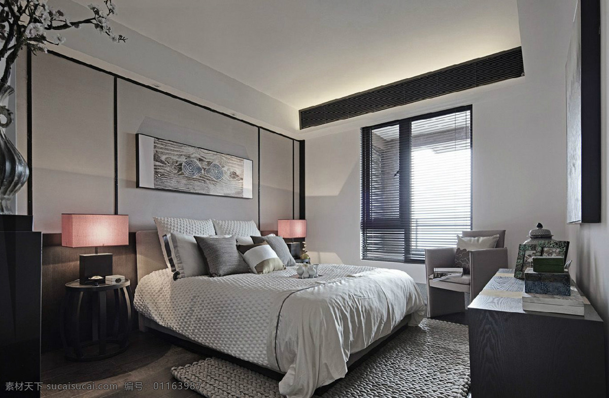 现代 时尚 白色 床 品 卧室 室内装修 效果图 木地板 褐色毛毯 实木柜子 圆凳子 银色花瓶