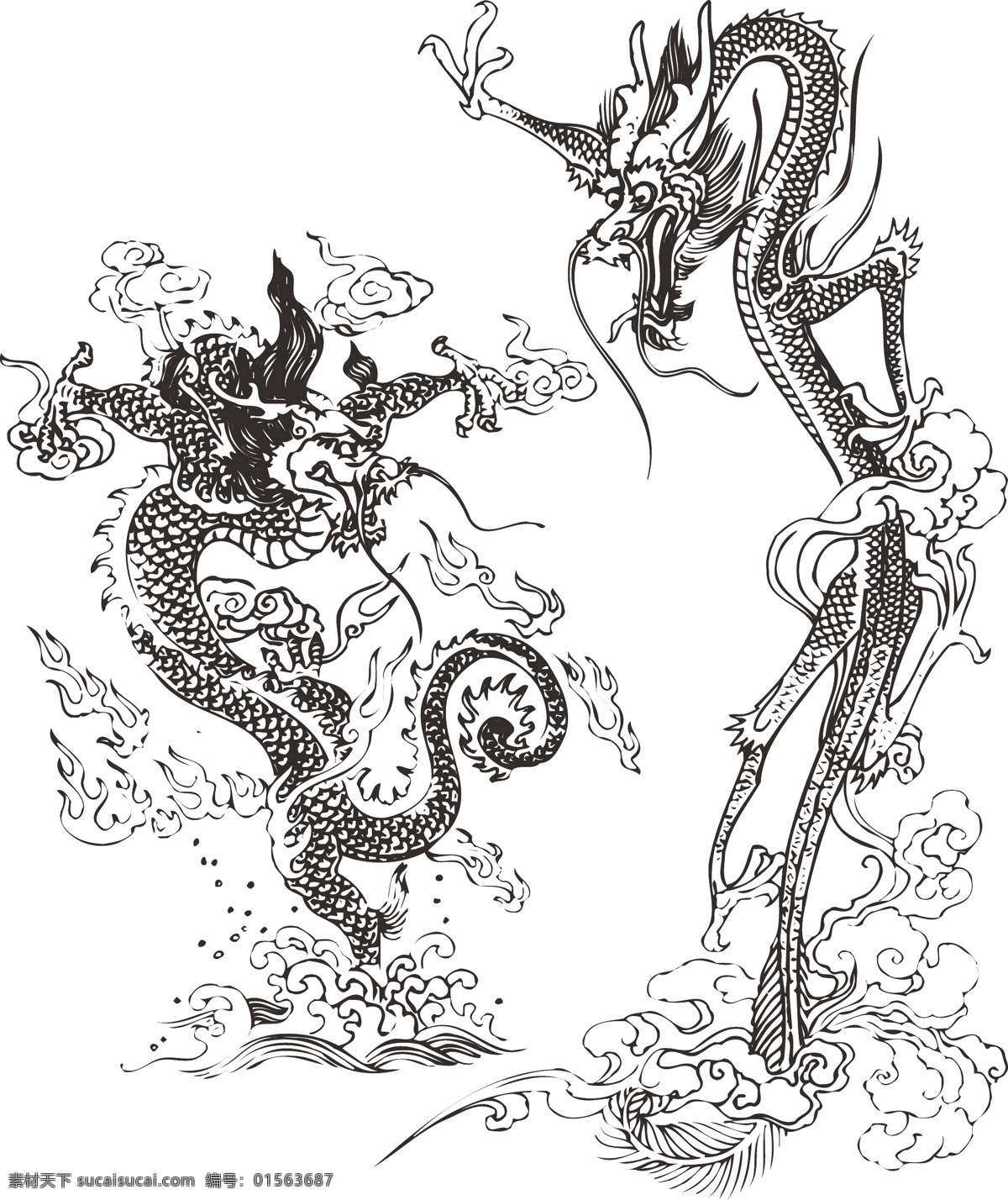 中国龙腾 龙腾 龙 中国龙 白描 中国元素 吉祥图案 文化艺术 传统文化 传统图案 国外 古典 装饰 花纹 中国经典纹样 花纹花边 底纹边框 矢量