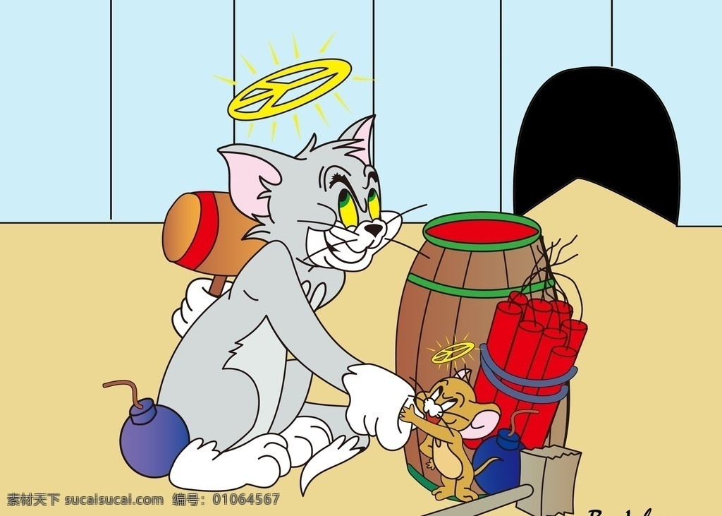 猫和老鼠 猫 老鼠 卡通 炸弹 榔头 洞穴 儿童 木桶 分层 源文件