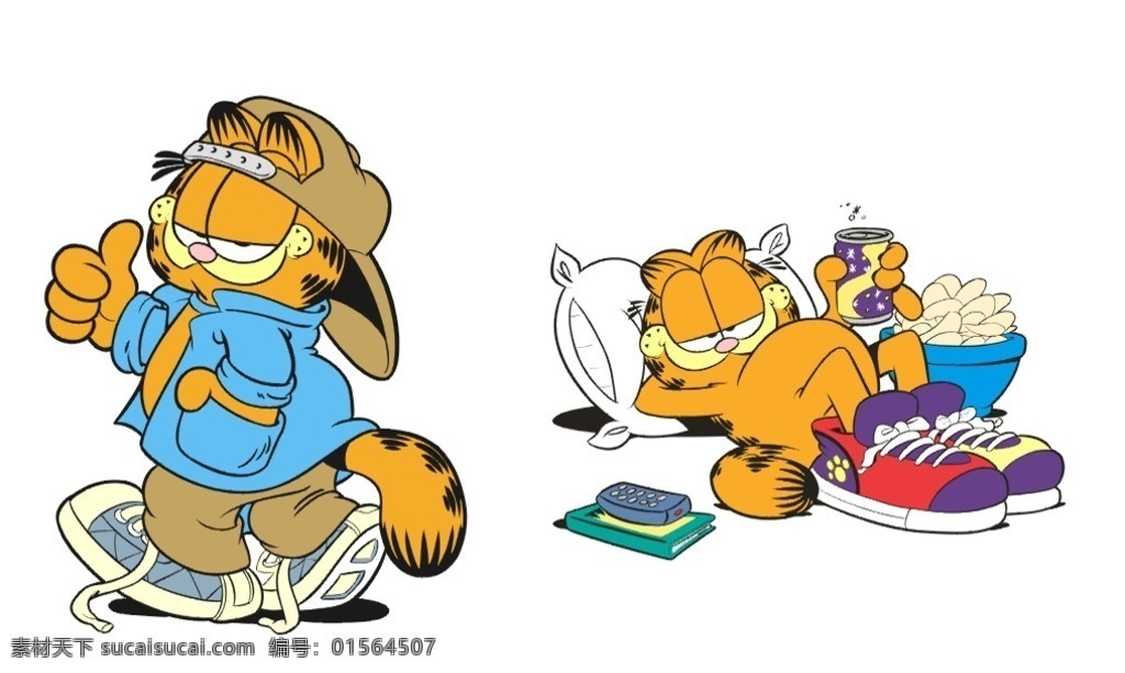 矢量 卡通 加菲猫 大拇指 零食 饮料 睡觉 帽子 枕头 动漫动画 动漫人物
