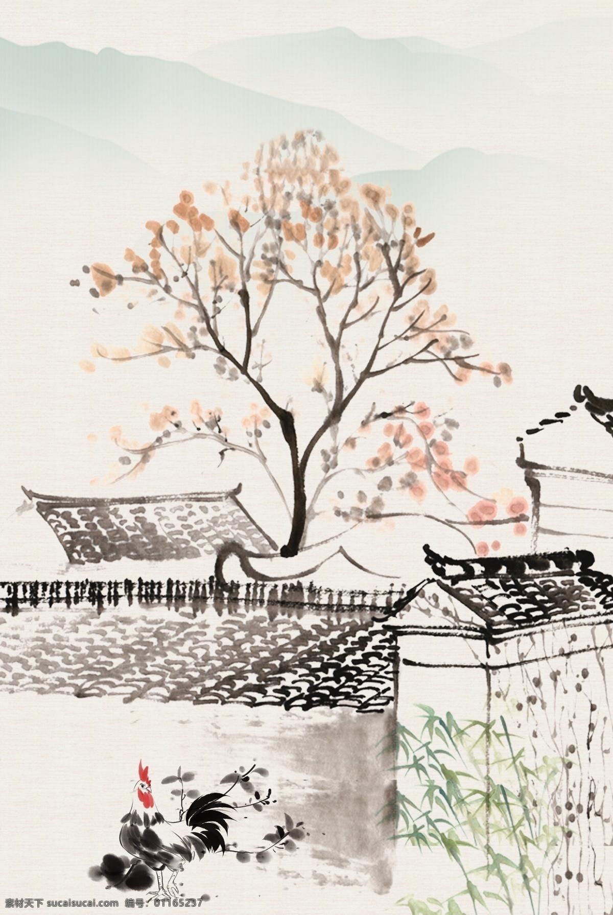 中国 风 水墨 农家 小院 电商 淘宝 背景 立春 春天 中国风 插画 古风 中式建筑 中式房屋 远山 农家小院 公鸡 淘宝背景 庭院