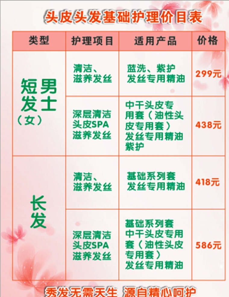 养发价目表 头皮价目表 护理价目表 完美价目表 头发价目表