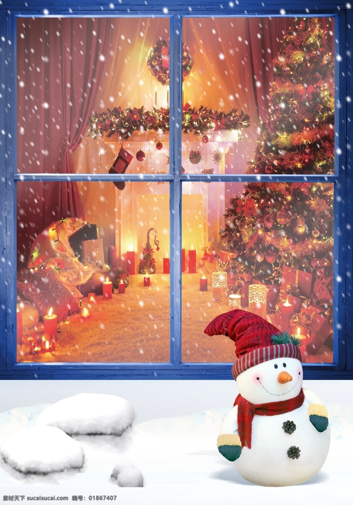 温馨圣诞节 圣诞节 雪人 雪地 橱窗 圣诞树 礼物