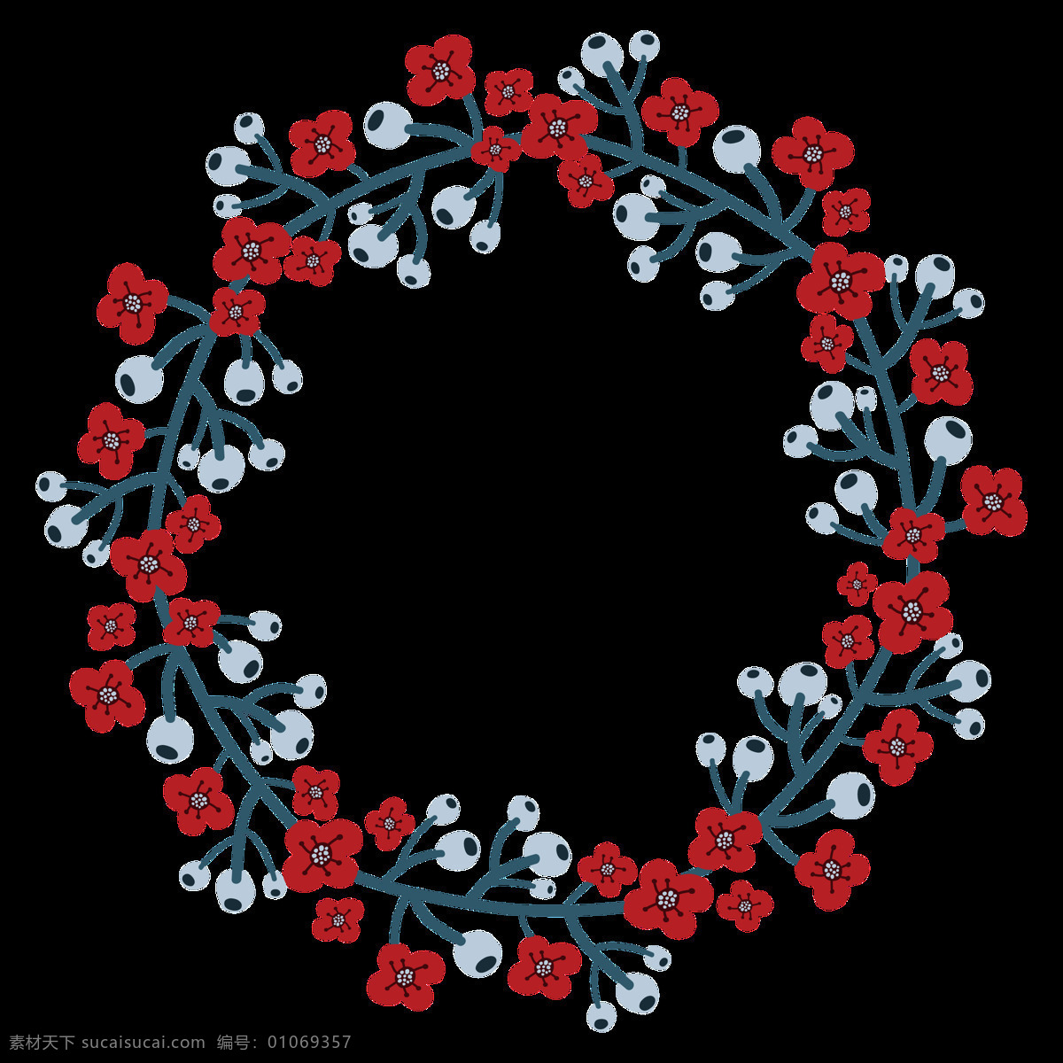 红花 野果 植物 花环 透明 花朵 红色 蓝色 免扣素材 透明素材 圆环 装饰 装饰图片