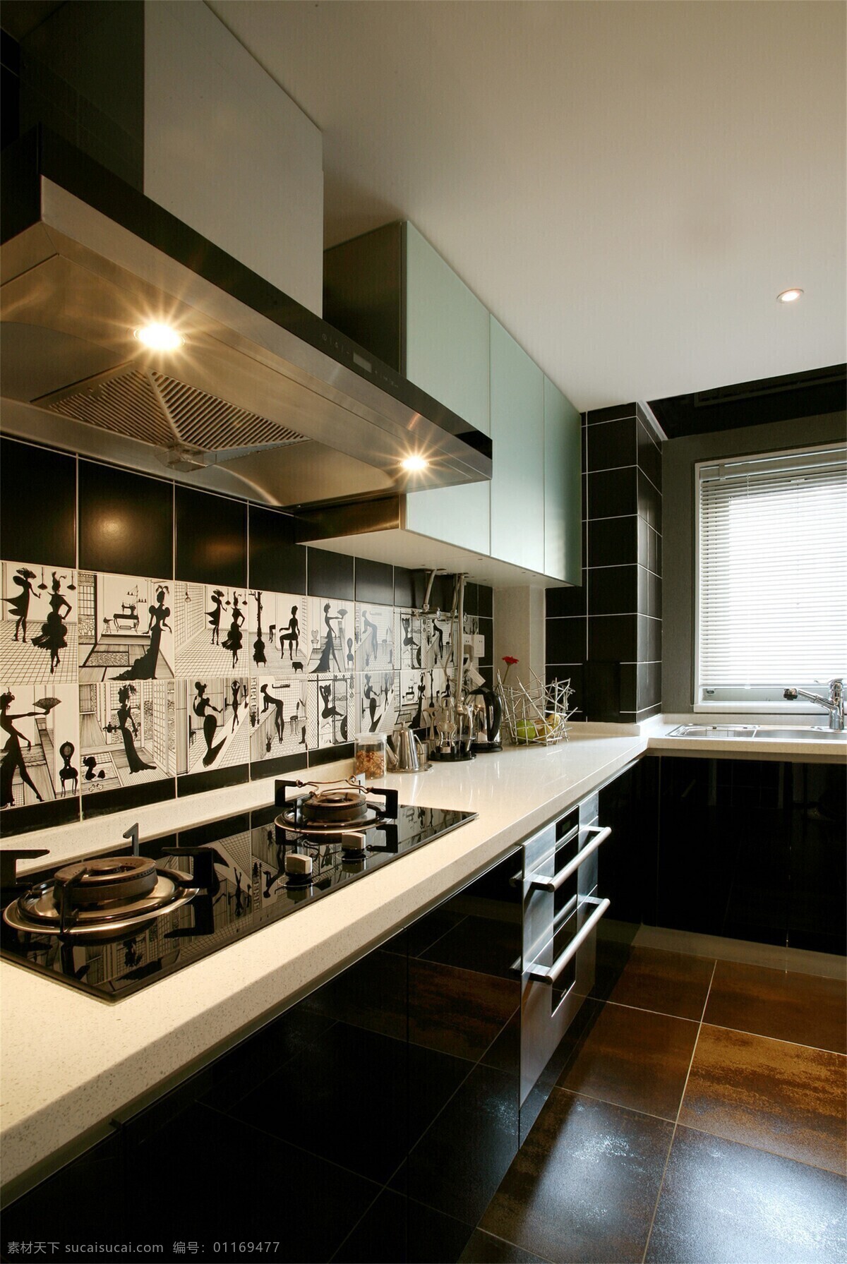 抽油烟机 厨房 高清大图 黑白涂鸦 木质地板 室内设计 效果图 艺术效果 灶台 艺术 风格 装修
