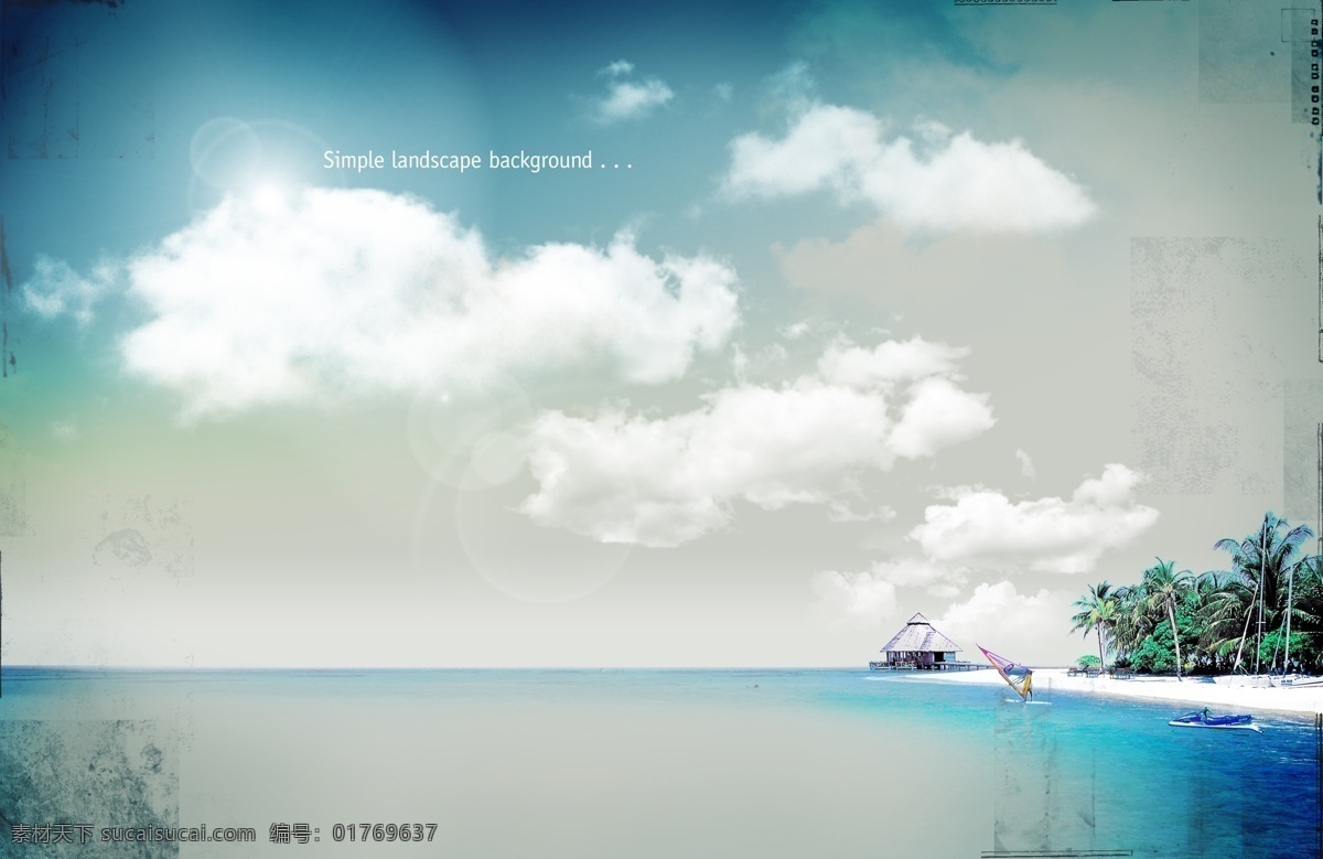 平静 大海 白云 psd素材 蓝天 美景 椰树林 psd源文件