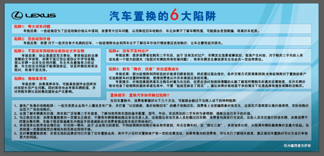 汽车 置换 大 陷阱 雷克萨斯 汽车展板 汽车置换 二手车 转换 6大陷阱 二手车置换 蓝色背景 高大上 原创设计 原创展板