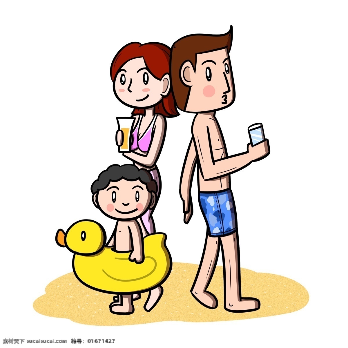 卡通 全家人 海边 沙滩 玩乐 透明 底 夏季 夏天 卡通家人 儿童 玩耍 海滩 海边人物 夏季人物 夏天人物 卡通人物 卡通夏季