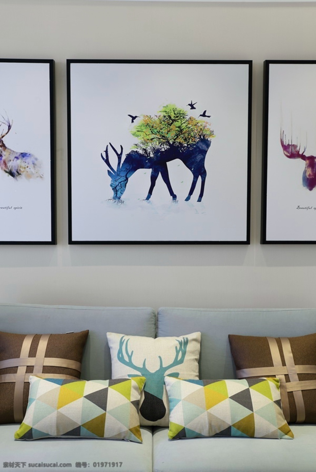 现代 时尚 客厅 灰色 沙发 室内装修 效果图 客厅装修 小鹿挂画 灰色沙发 褐色抱枕