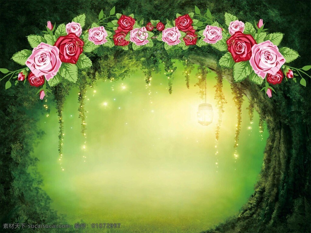 花叶 绿色 梦幻 背景 绿色森林 花 玫瑰花