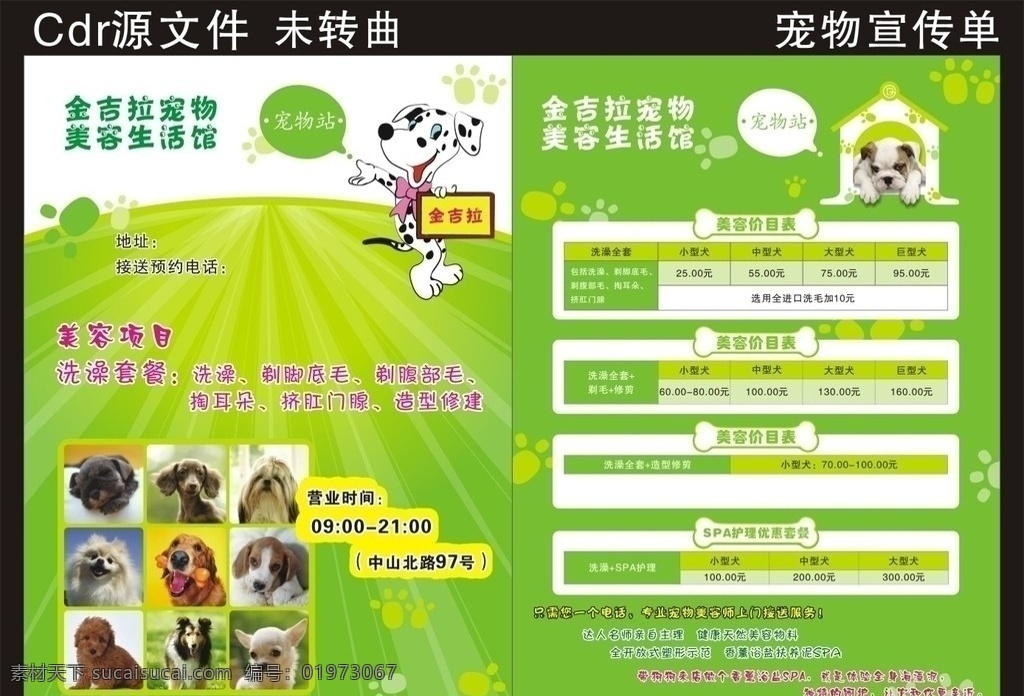 宠物宣传单 宠物dm单 宠物海报 宠物美容 生活 馆 可爱狗狗 脚印 美容项目 宠物站 绿色背景 矢量 宣传单 dm宣传单