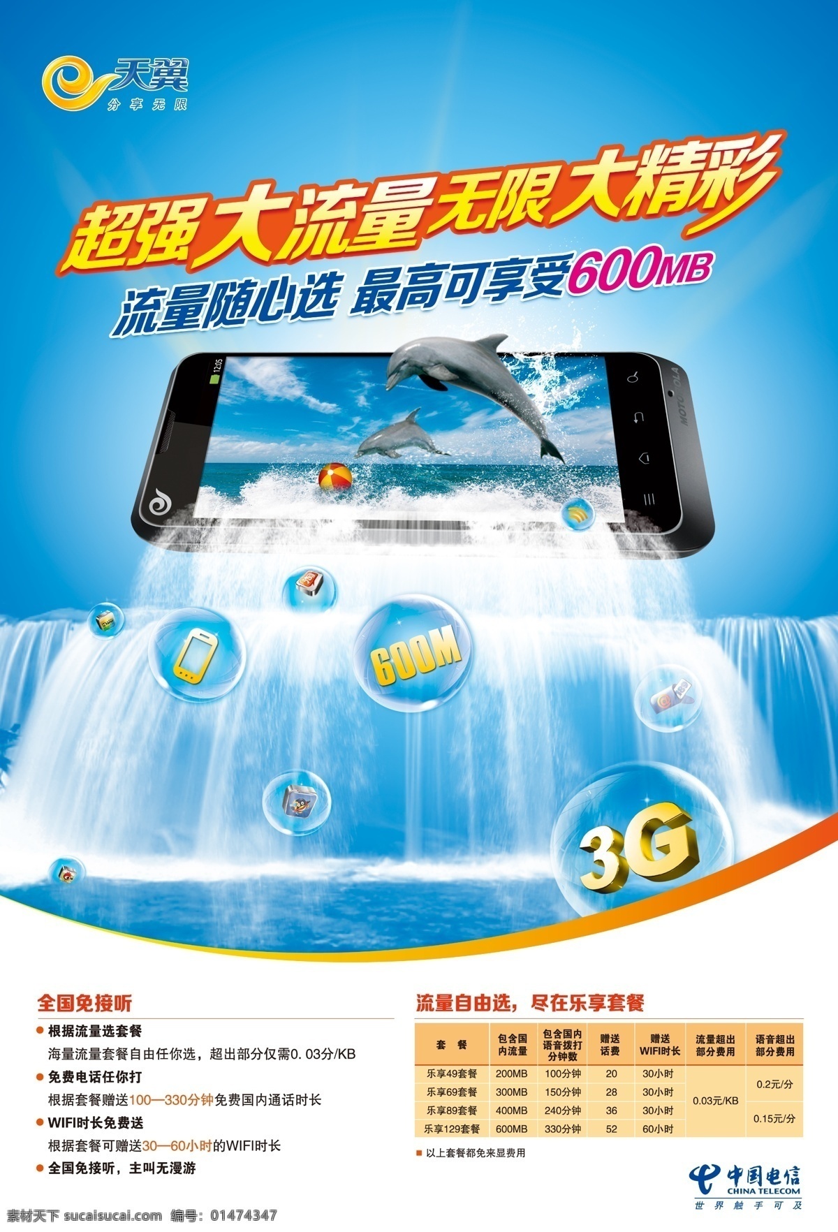 3g 大 流量 精彩 天翼 海报 手机海报 水晶球 瀑布 海豚 大精彩 大流量 蓝色背景 电信 移动 联通 单页 创意 促销 优惠 节日 广告设计模板 源文件